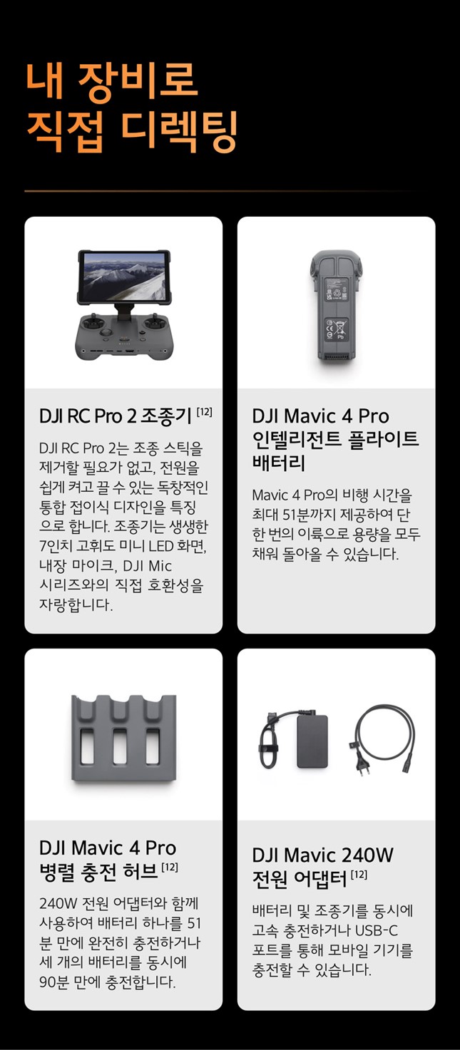 DJI 매빅4 프로 크리에이터 콤보 구성품 RC Pro 2 배터리 충전허브